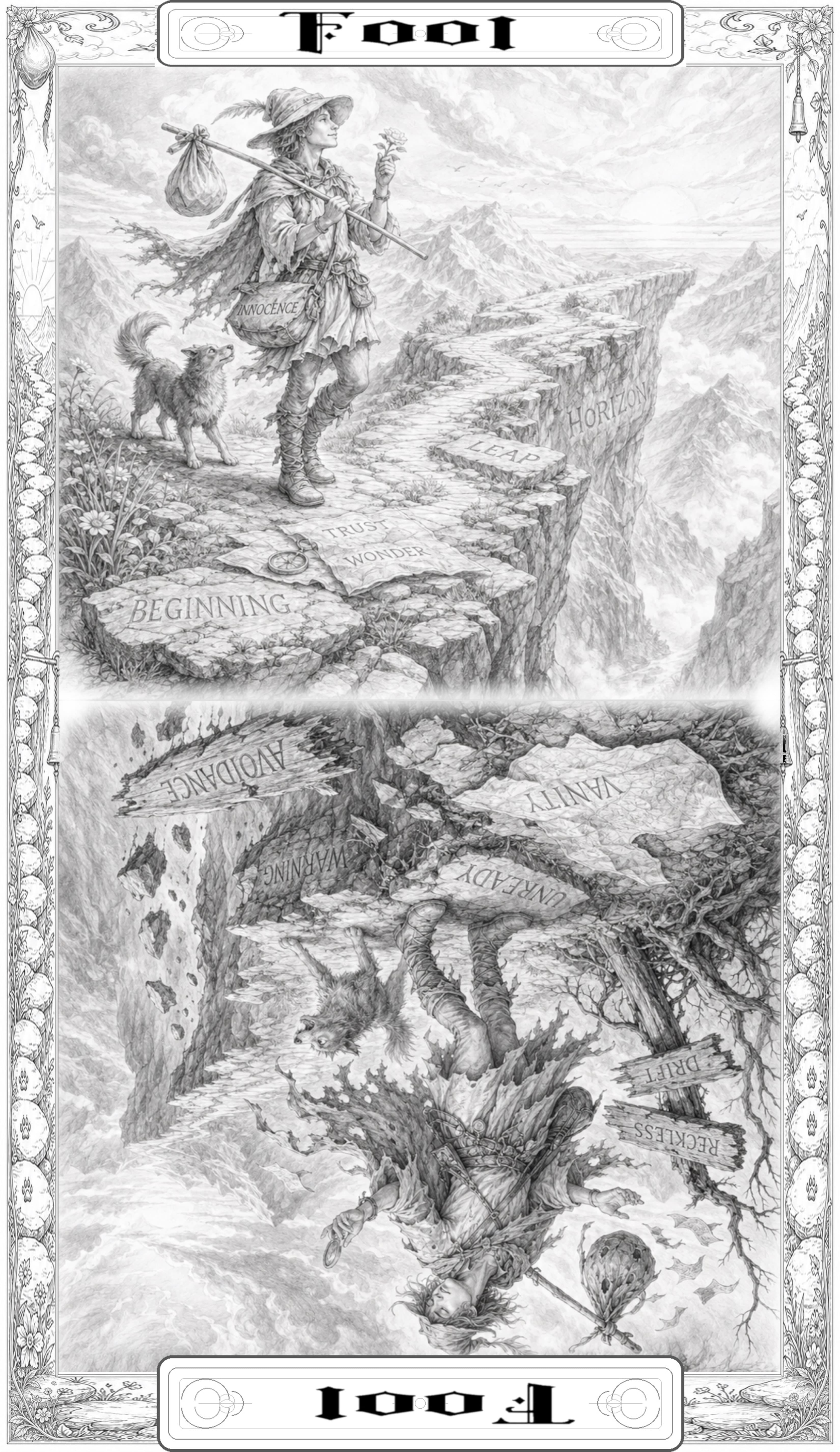 Second Deck pencil sketch of The Fool tarot card showing upright story and reversed shadow.