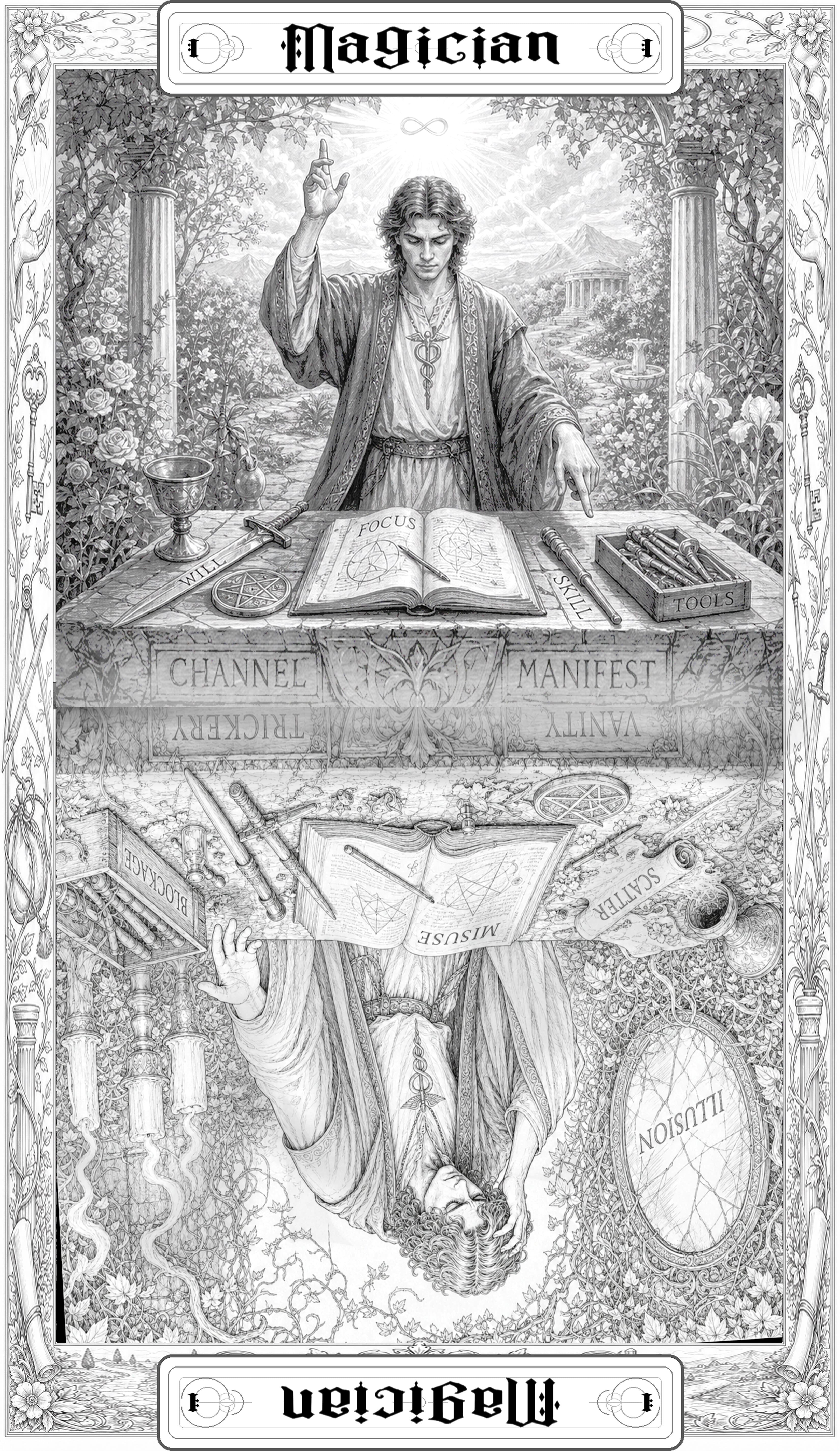 Second Deck pencil sketch of The Magician tarot card with two-sided meaning.