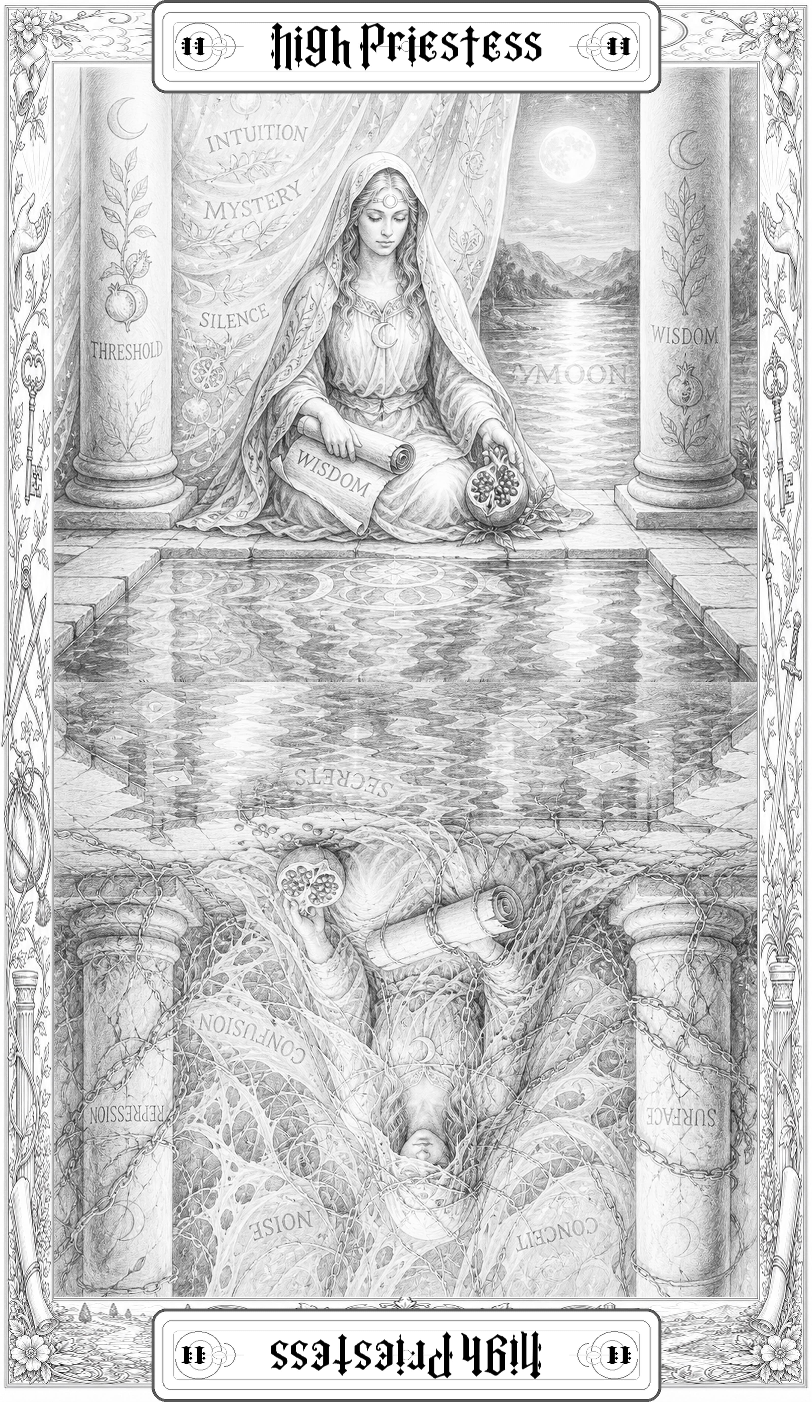 Second Deck pencil sketch of The High Priestess tarot card.