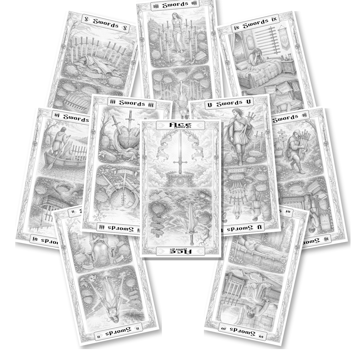 Preview stack of completed Swords pip cards for Anthologies: Parallel Arcana.
